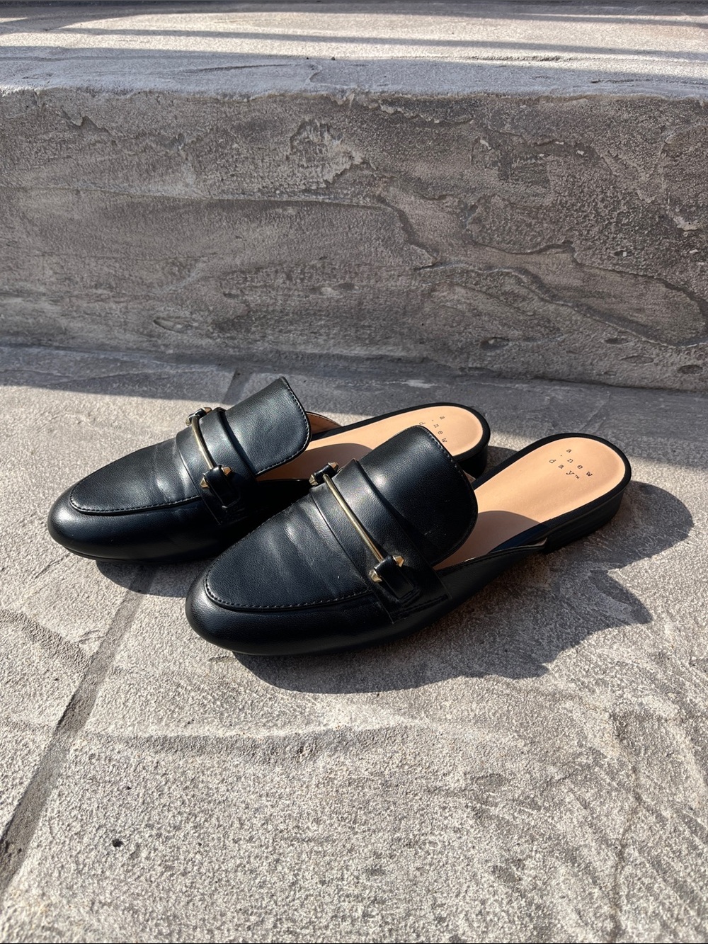 a new day Black Leather Backless Mule Loafers with Gold Buckle